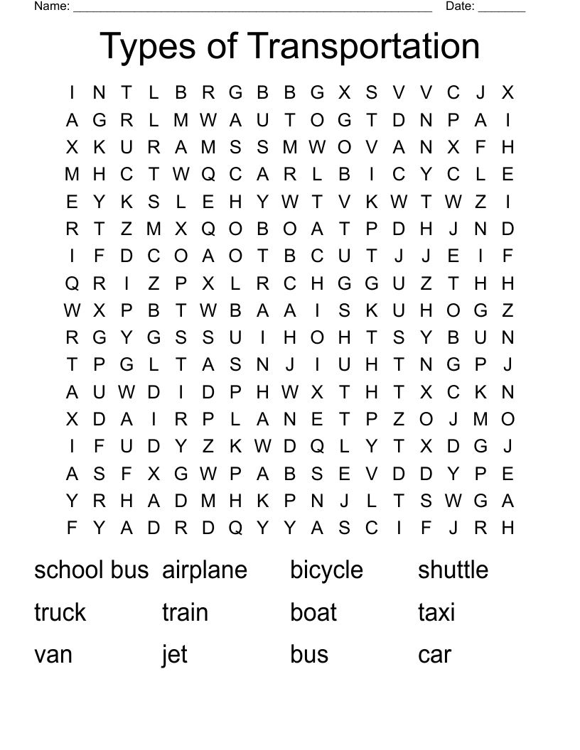 Types of Transportation Word Search