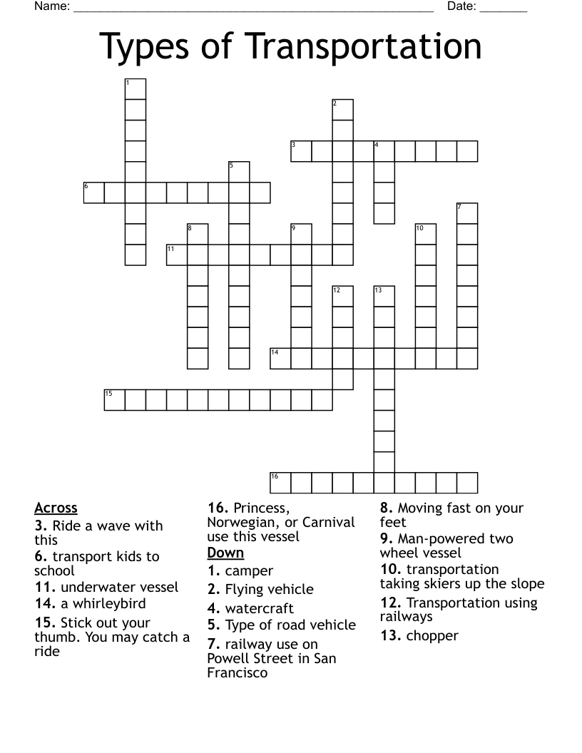 Types of Transportation Crossword