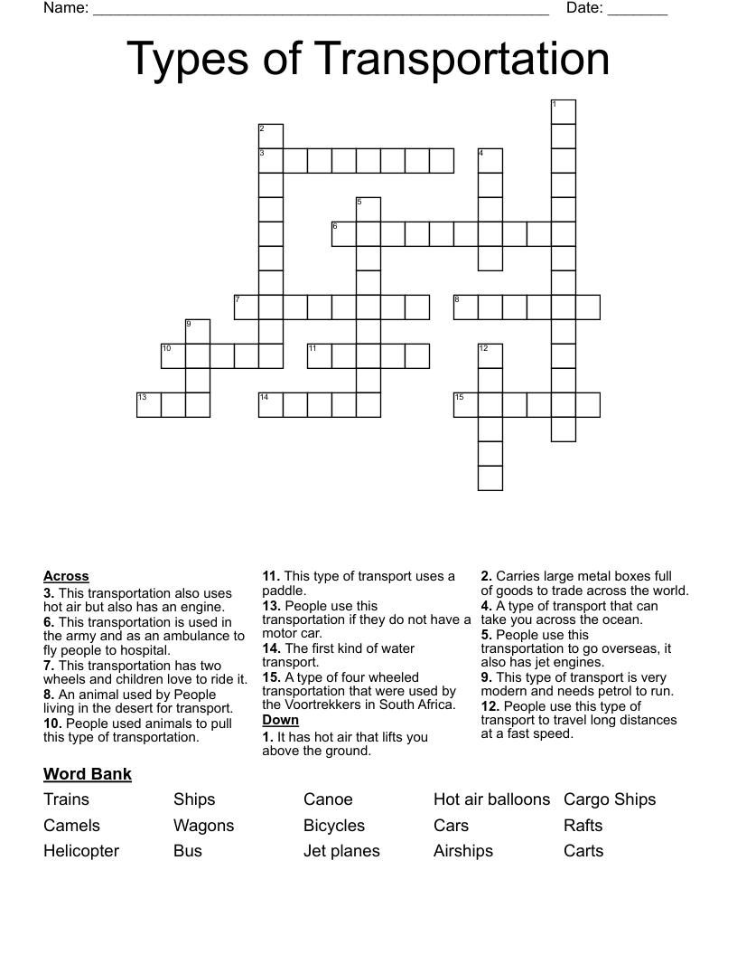 Types of Transportation  Crossword