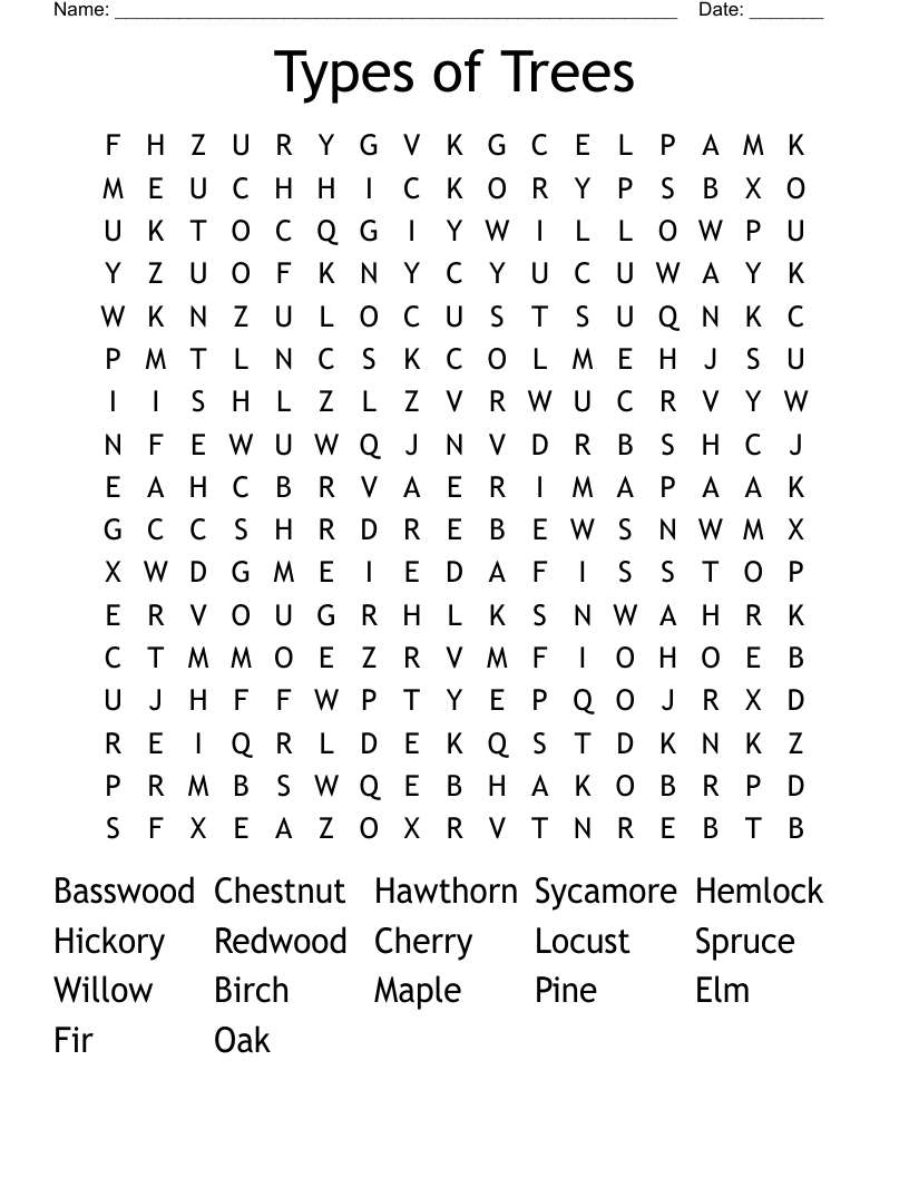 Types of Trees Word Search