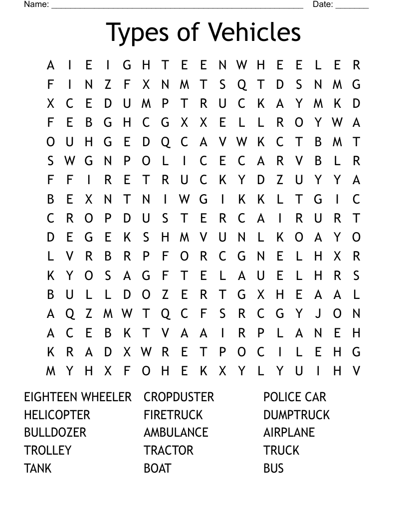Types of Vehicles Word Search