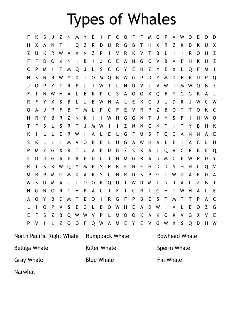 Types of Whales Word Search