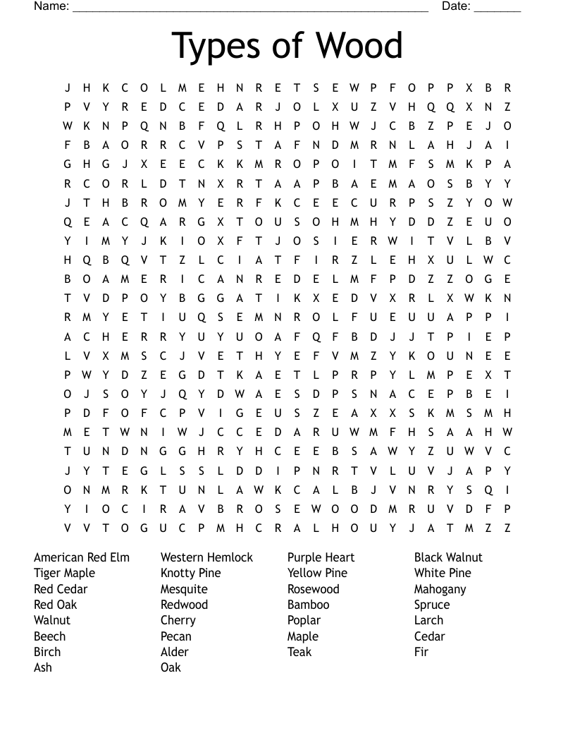 Types of Wood Word Search