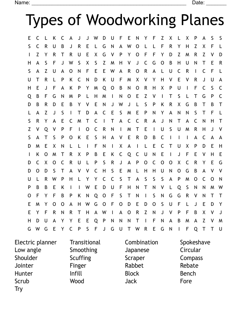 Types of Woodworking Planes Word Search