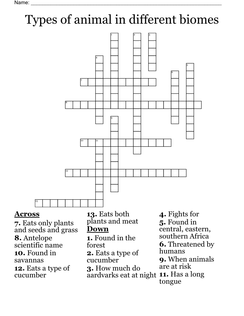 Types of animal in different biomes Crossword