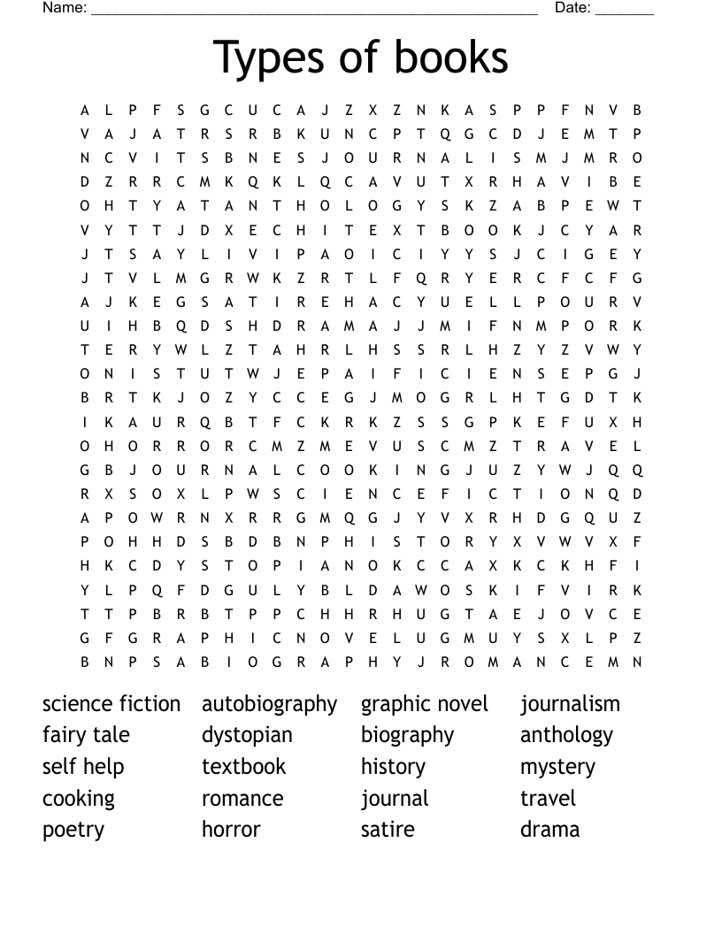 Types of books Word Search