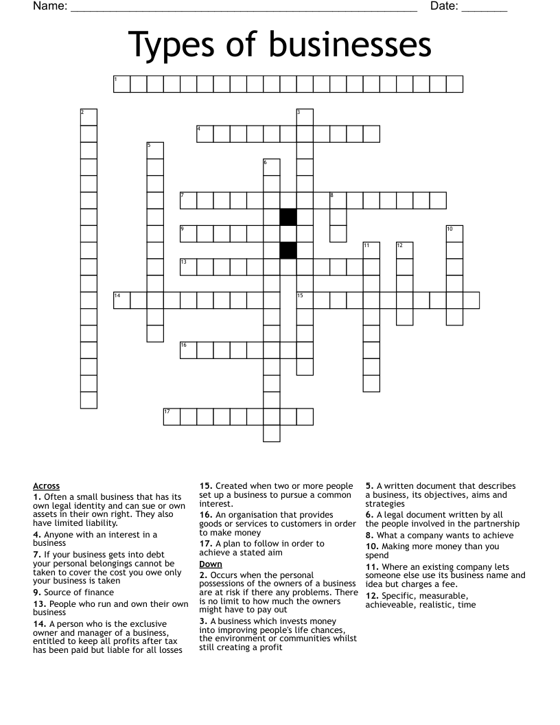 Types of businesses  Crossword