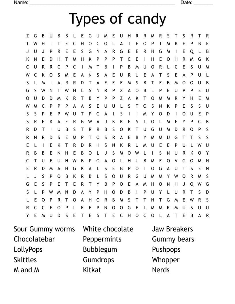 Types of candy Word Search
