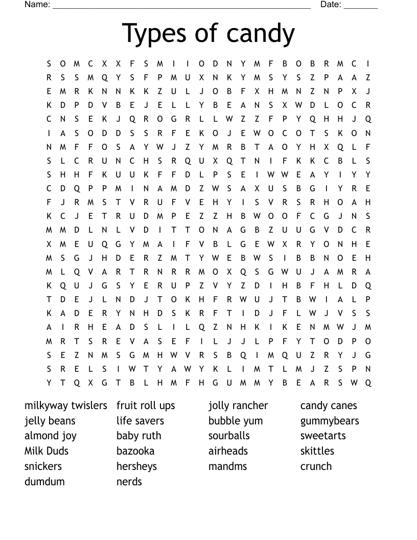 Types of candy Word Search