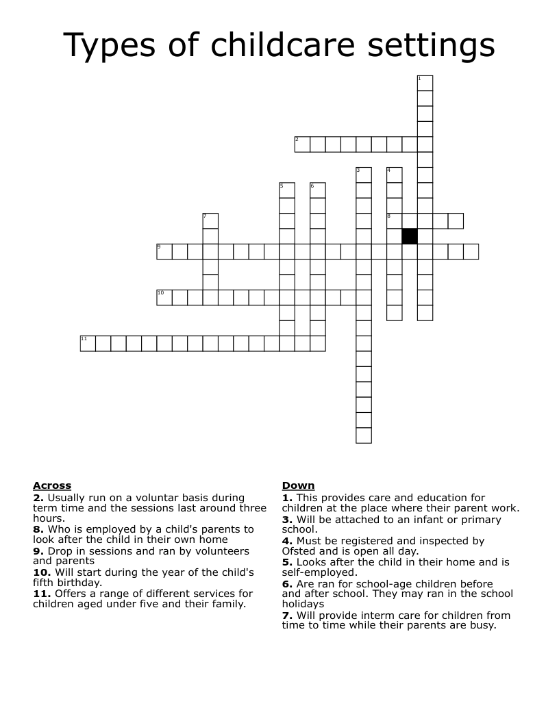 Types of childcare settings  Crossword