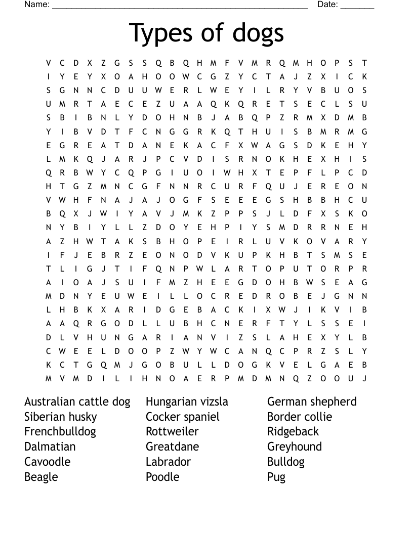 Types of dogs Word Search