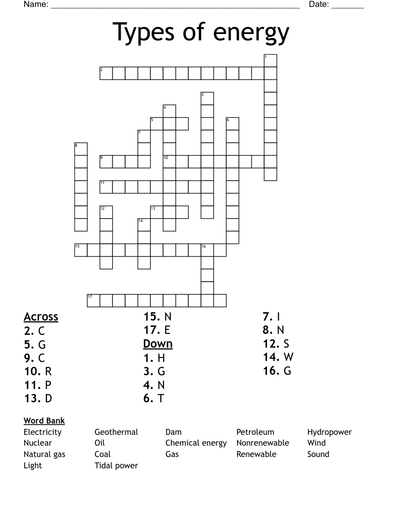 Types of energy  Crossword