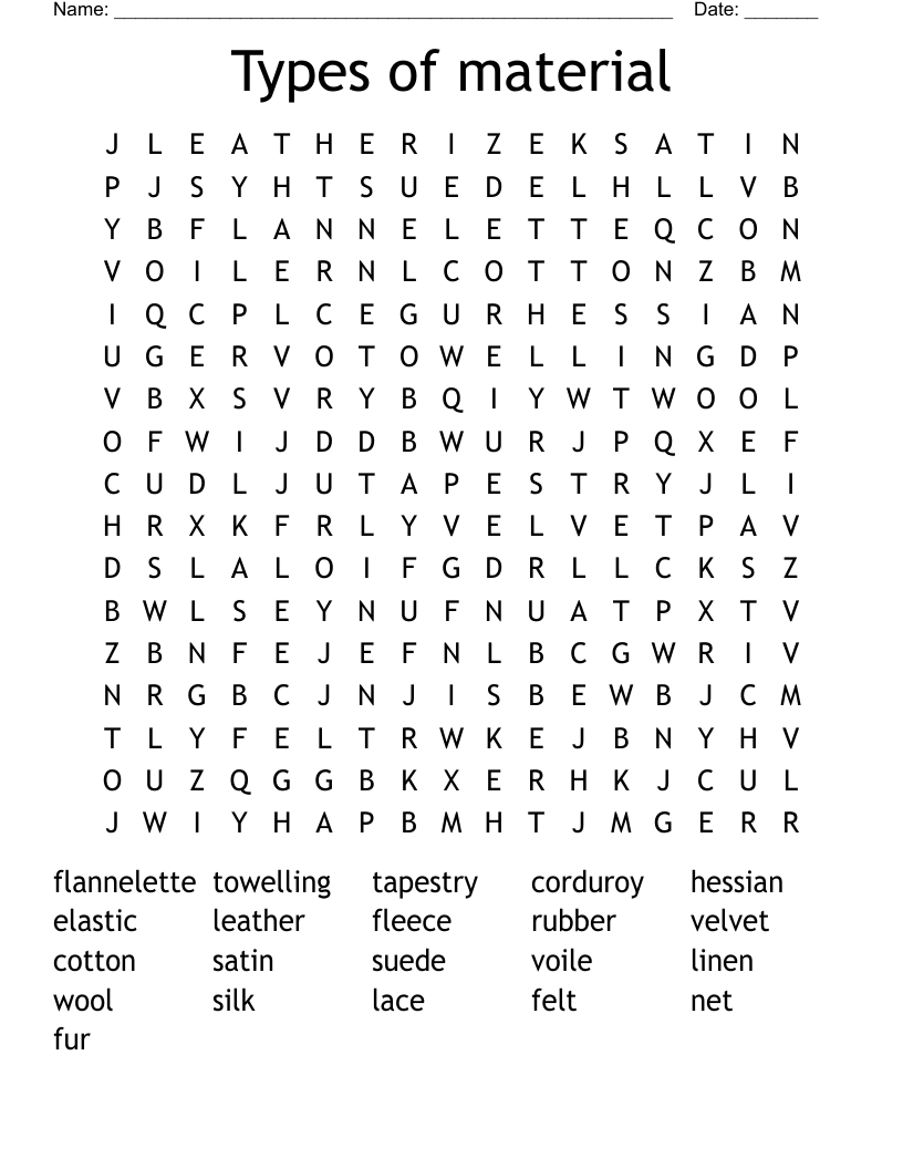 Types of material Word Search
