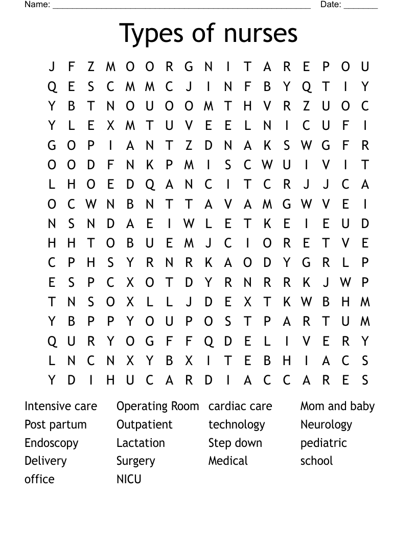Types of nurses Word Search