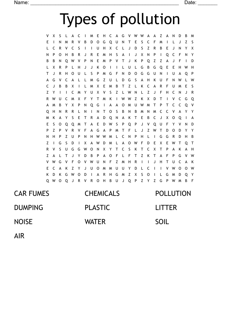 Types of pollution Word Search