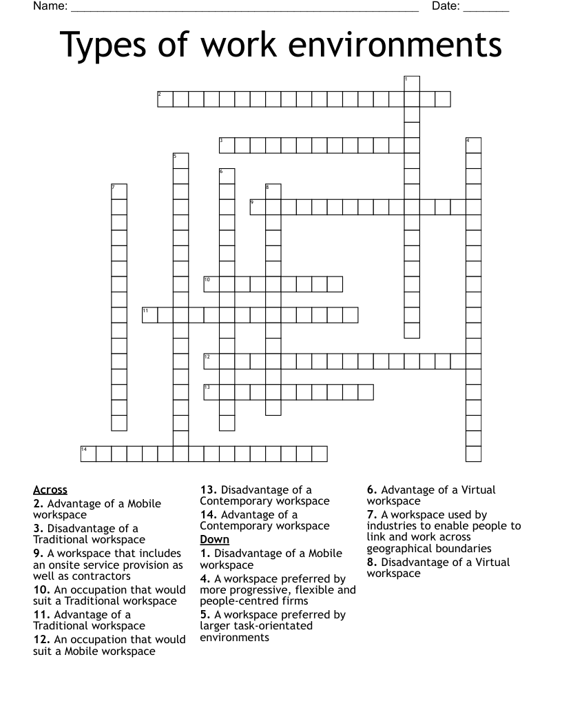 Types of work environments Crossword
