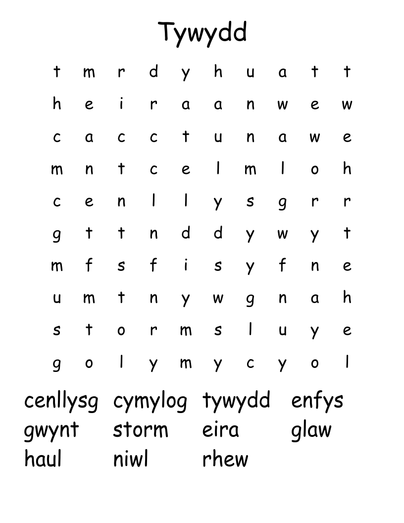 Tywydd Word Search