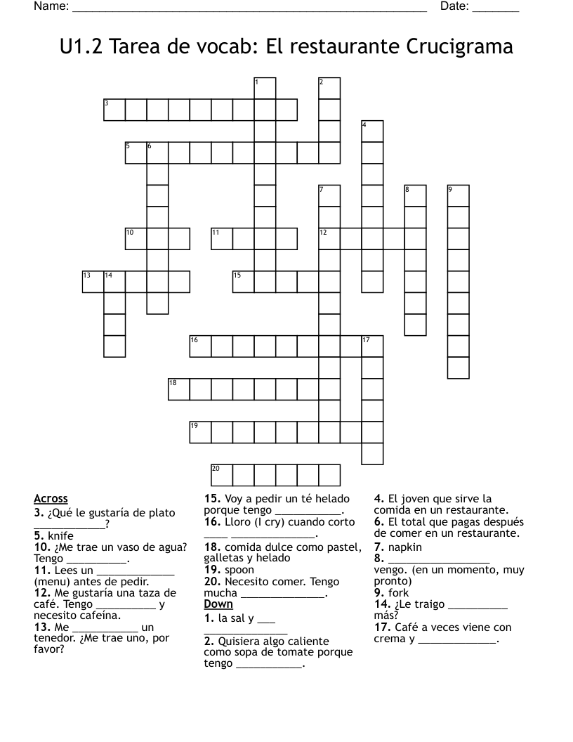 U1.2 Tarea de vocab: El restaurante Crucigrama Crossword
