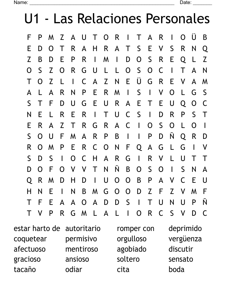 U1 - Las Relaciones Personales Word Search