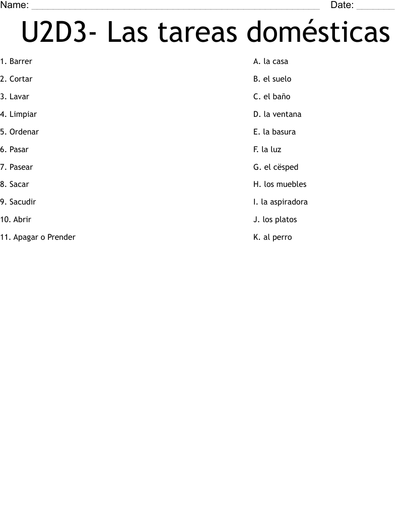 U2D3- Las tareas domésticas Worksheet