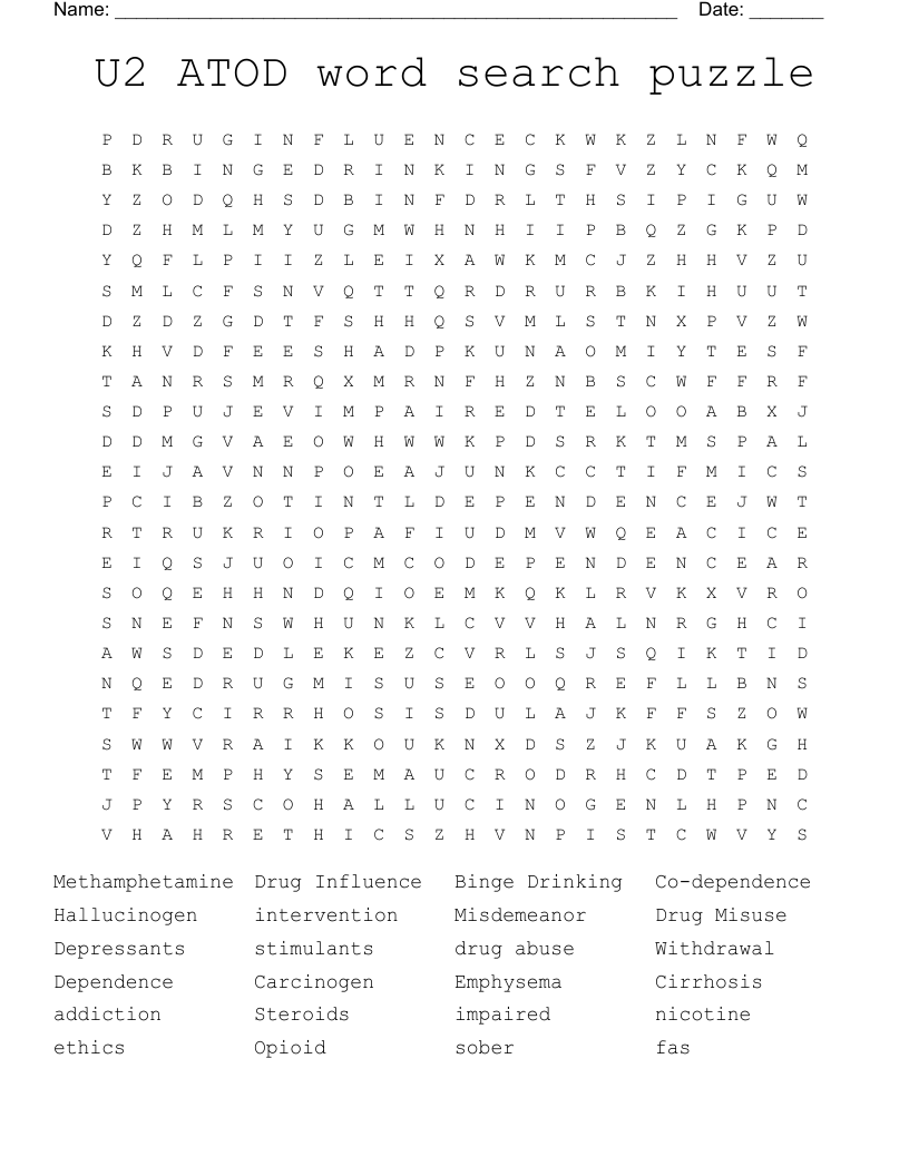 U2 ATOD word search puzzle