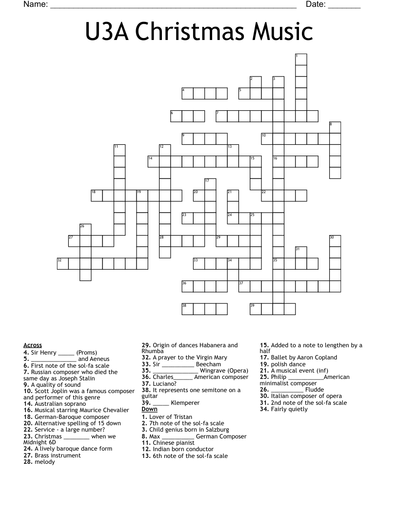 U3A Christmas Music Crossword