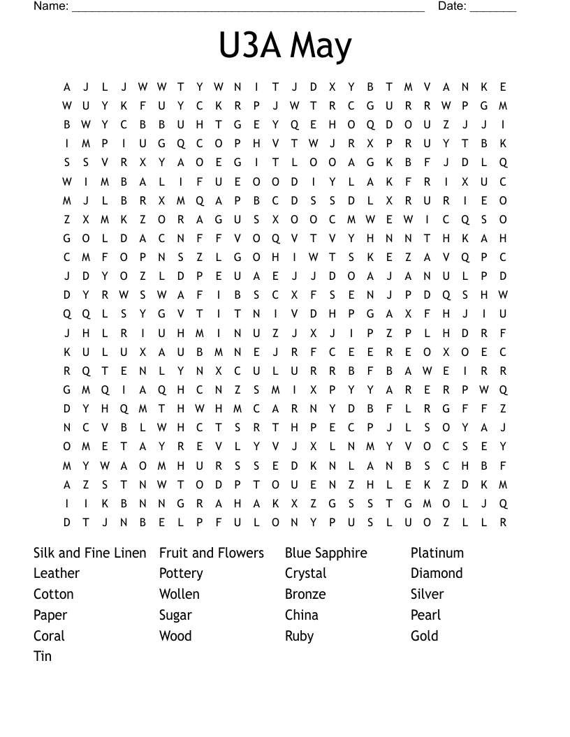 U3A May Word Search