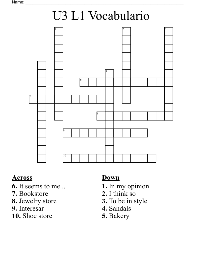 U3 L1 Vocabulario Crossword