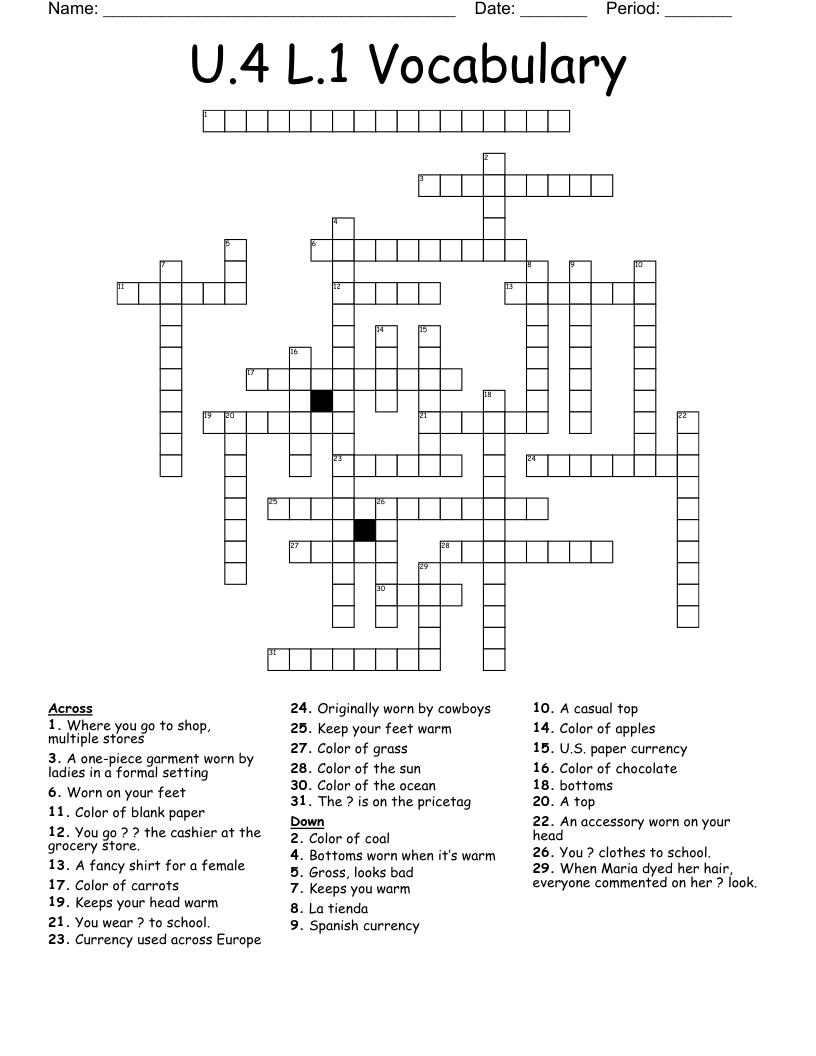 U.4 L.1 Vocabulary Crossword
