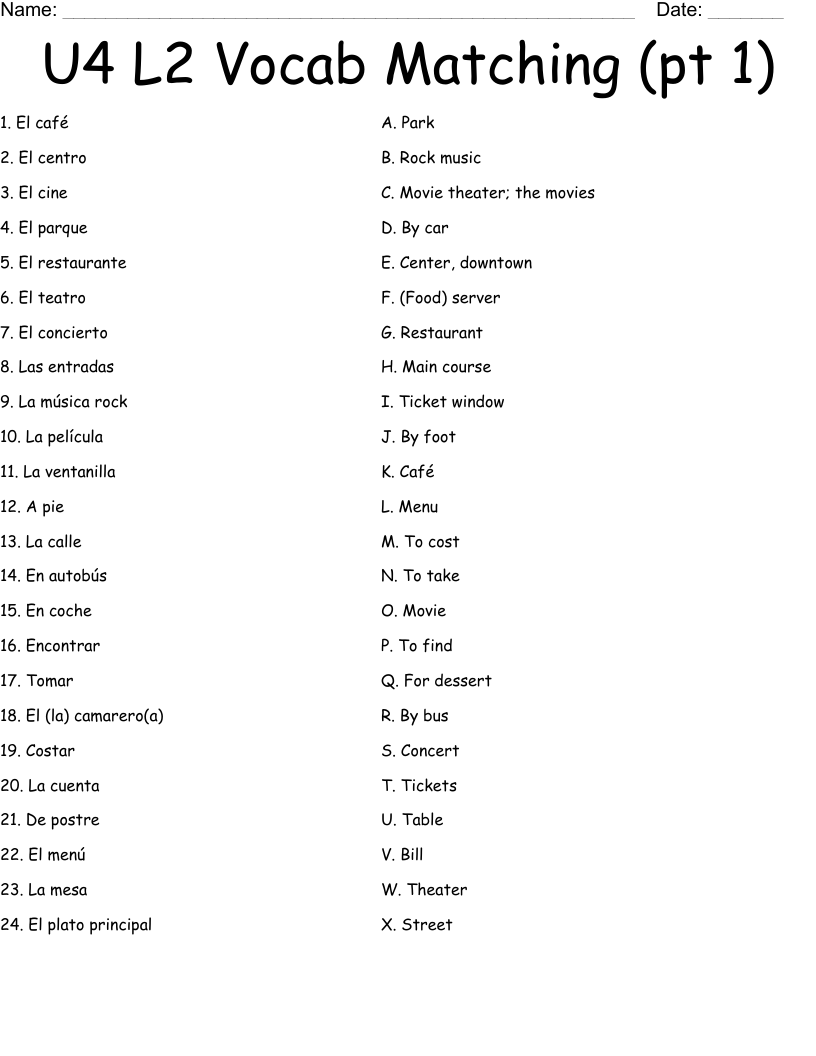 U4 L2 Vocab Matching (pt 1) Worksheet