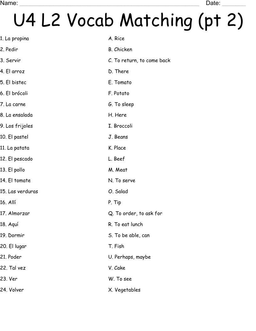 U4 L2 Vocab Matching (pt 2) Worksheet