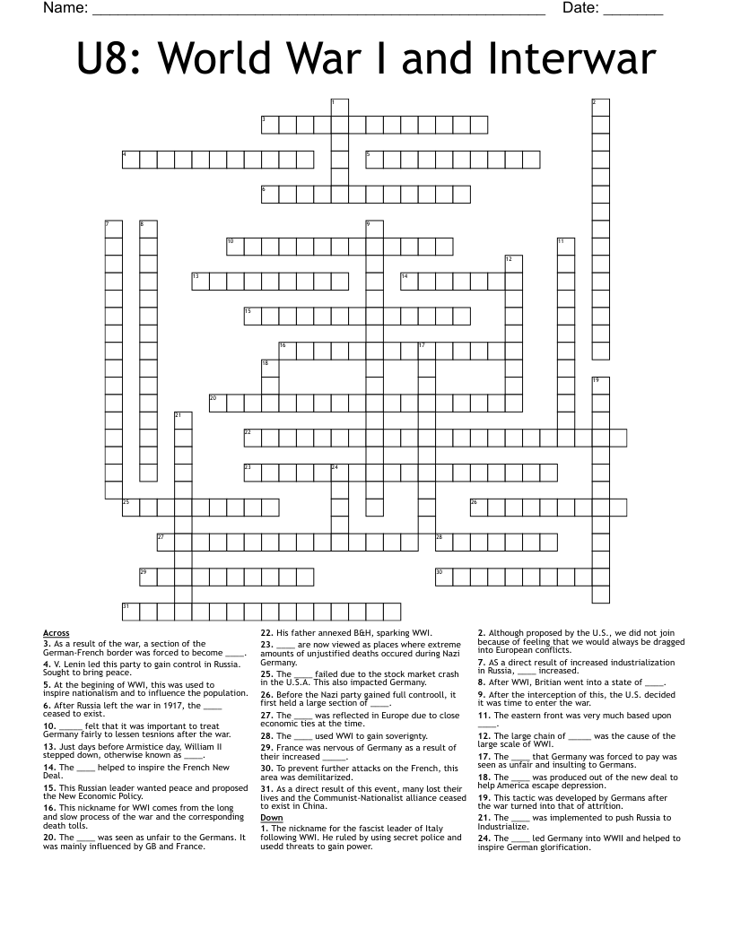 U8: World War I and Interwar Crossword