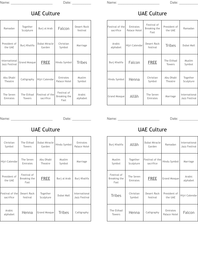 UAE Culture Bingo Cards