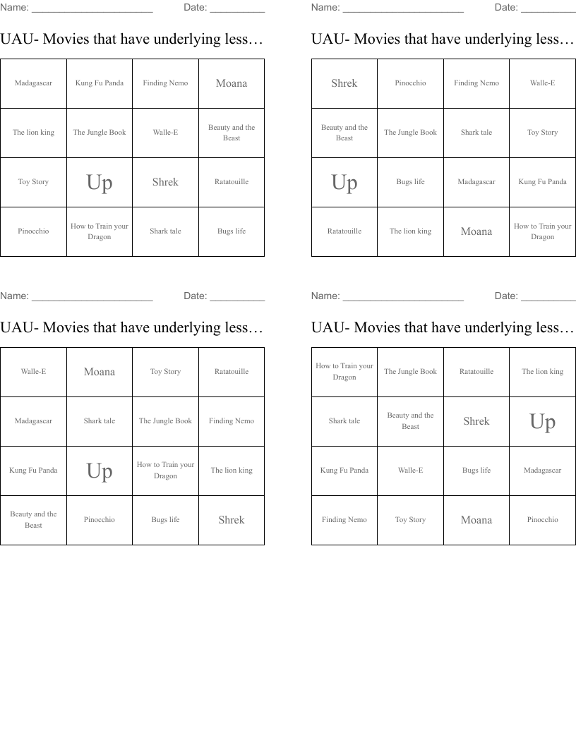 UAU- Movies that have underlying lessons Bingo Cards