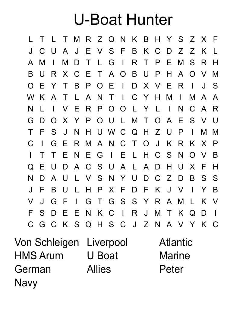 U-Boat Hunter Word Search
