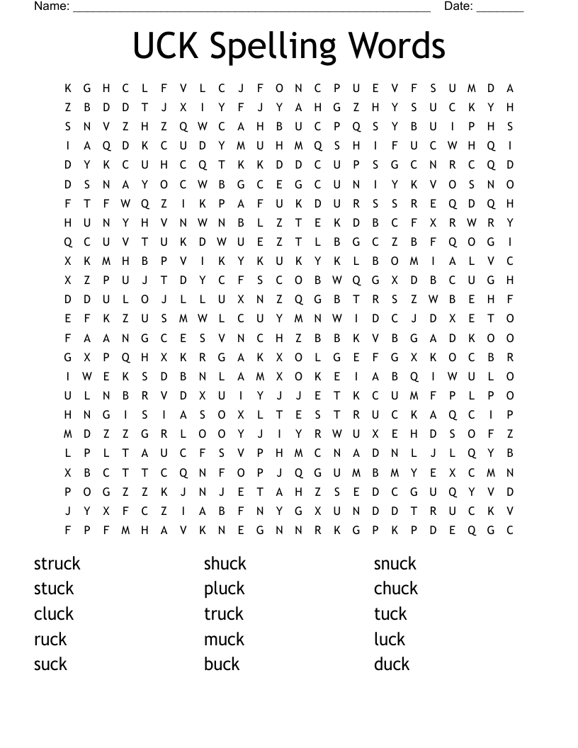 UCK Spelling Words Word Search