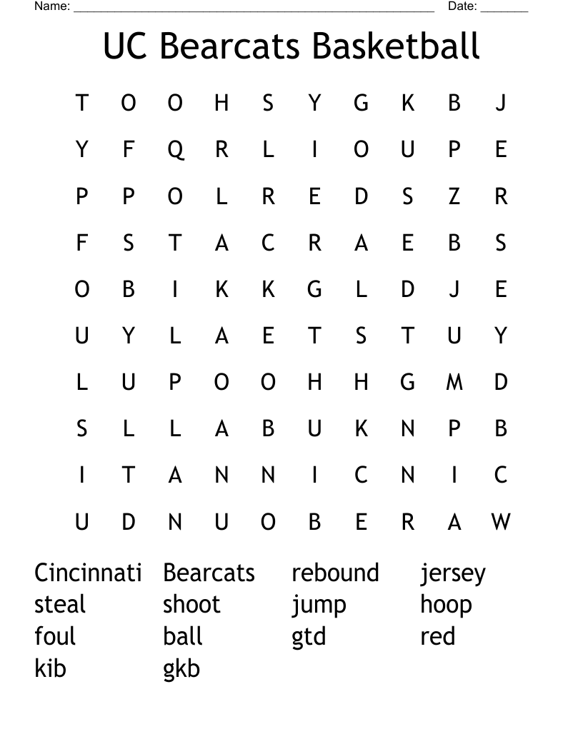 UC Bearcats Basketball Word Search