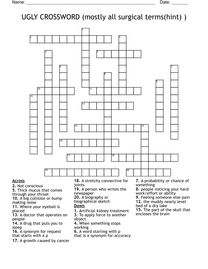 UGLY CROSSWORD (mostly all surgical terms(hint) )