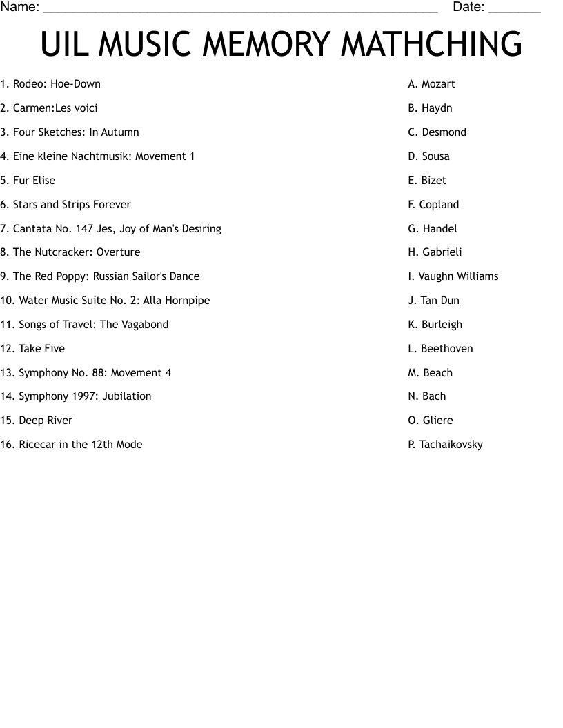 UIL MUSIC  MEMORY MATHCHING  Worksheet