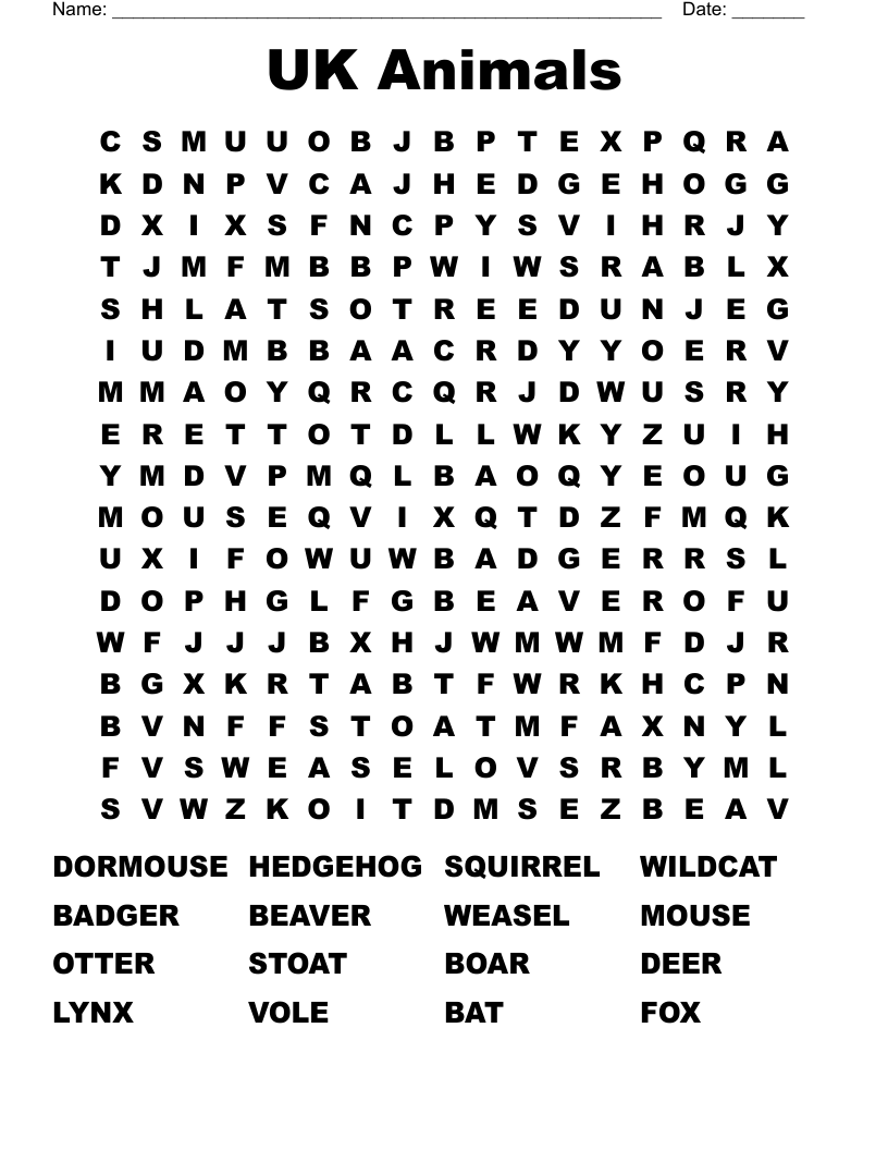UK Animals  Word Search