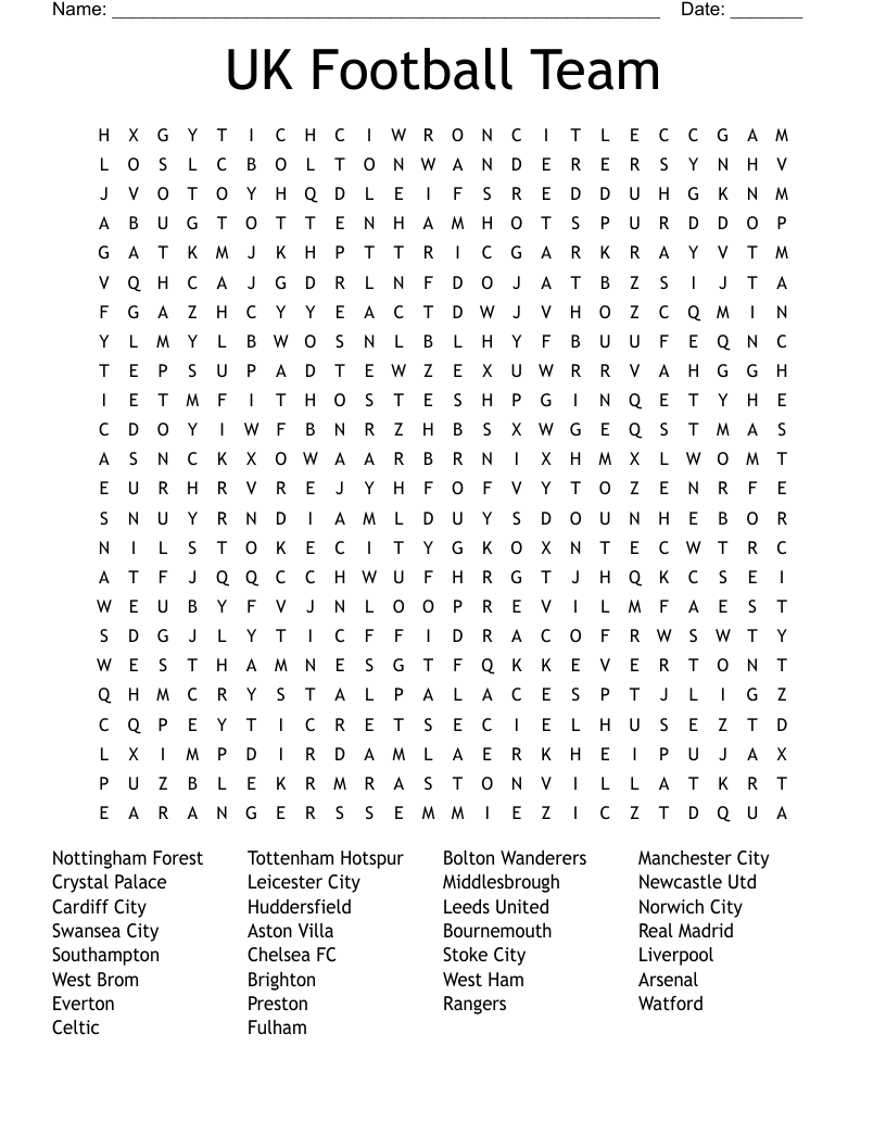 UK Football Team Word Search