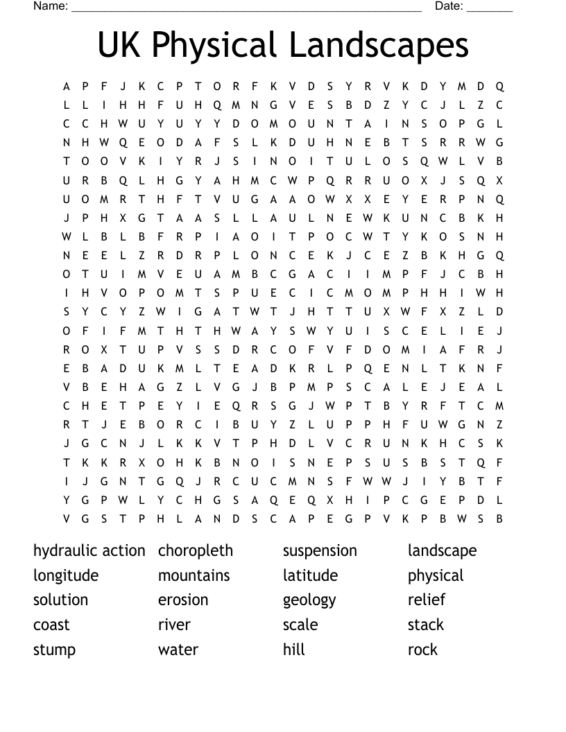 UK Physical Landscapes Word Search