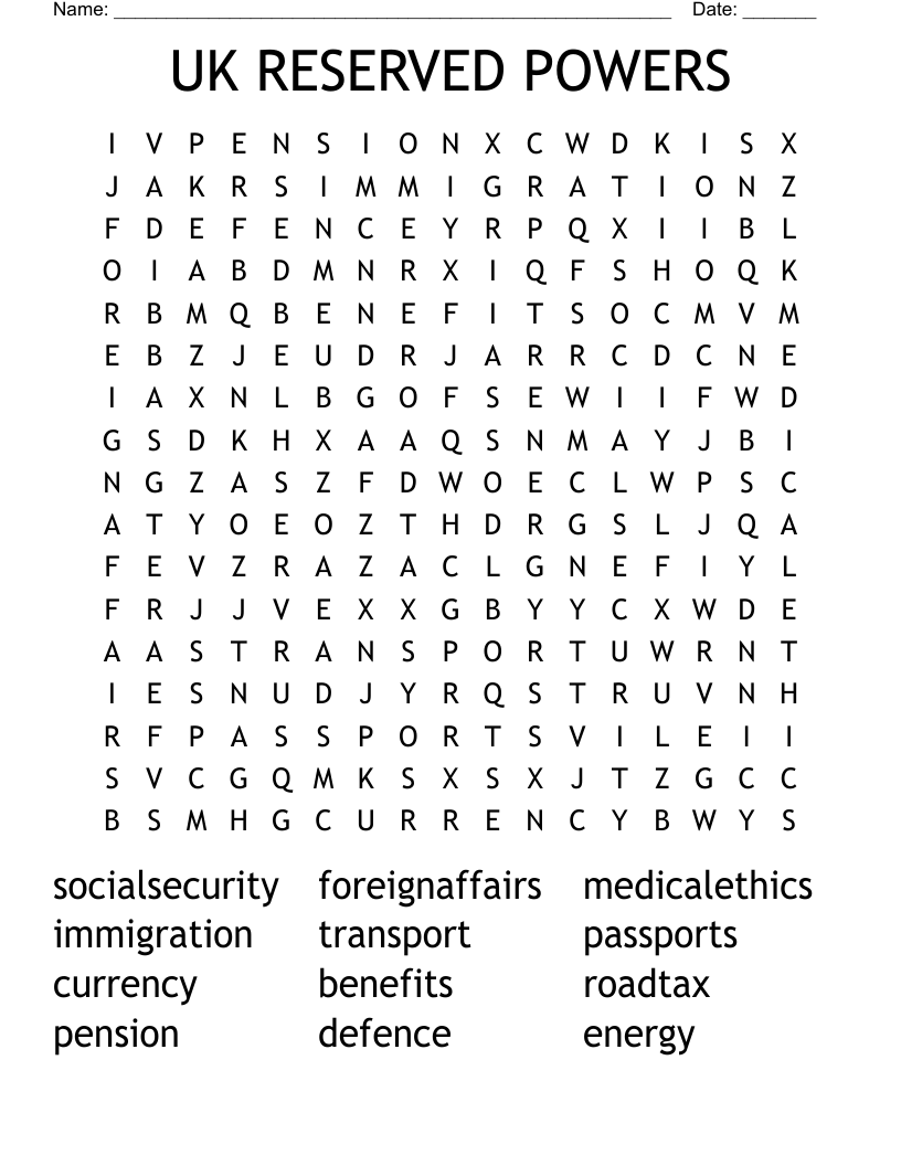 UK RESERVED POWERS Word Search