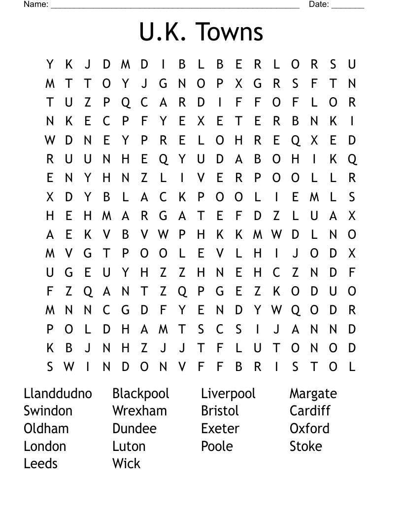U.K. Towns Word Search