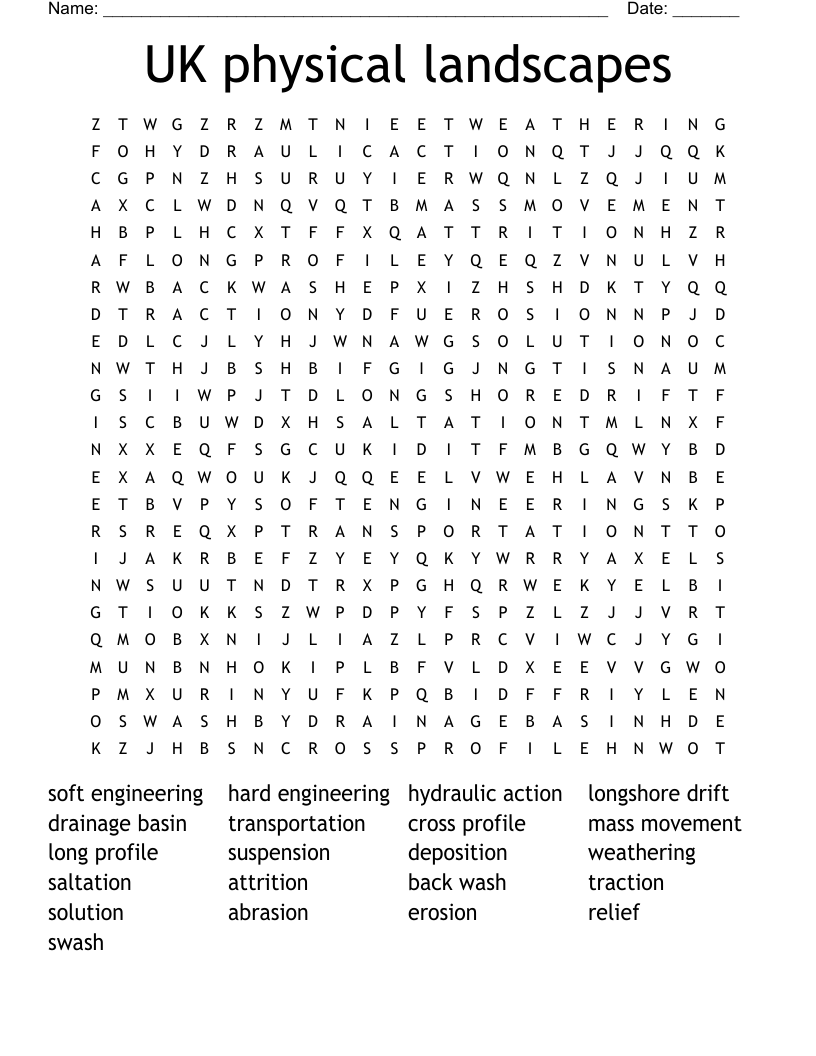 UK physical landscapes Word Search