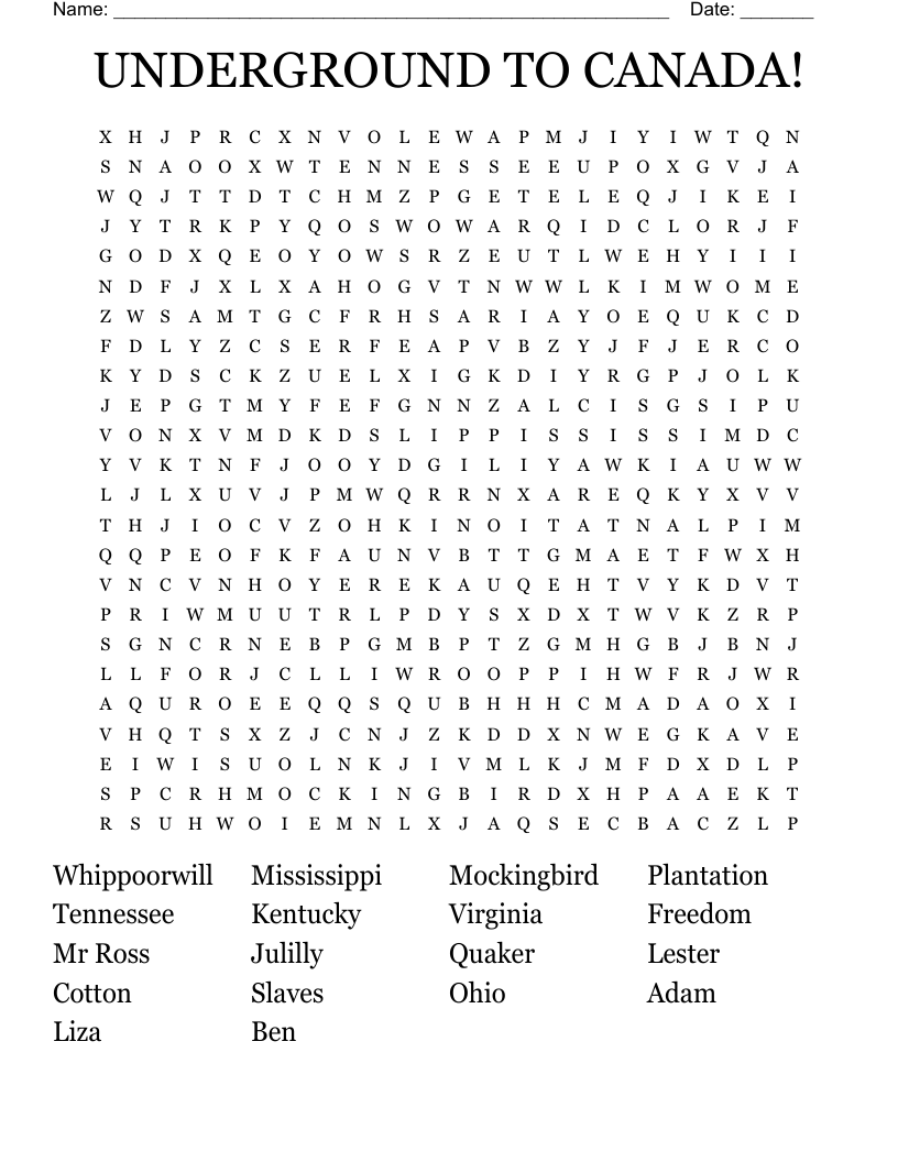 UNDERGROUND TO CANADA! Word Search
