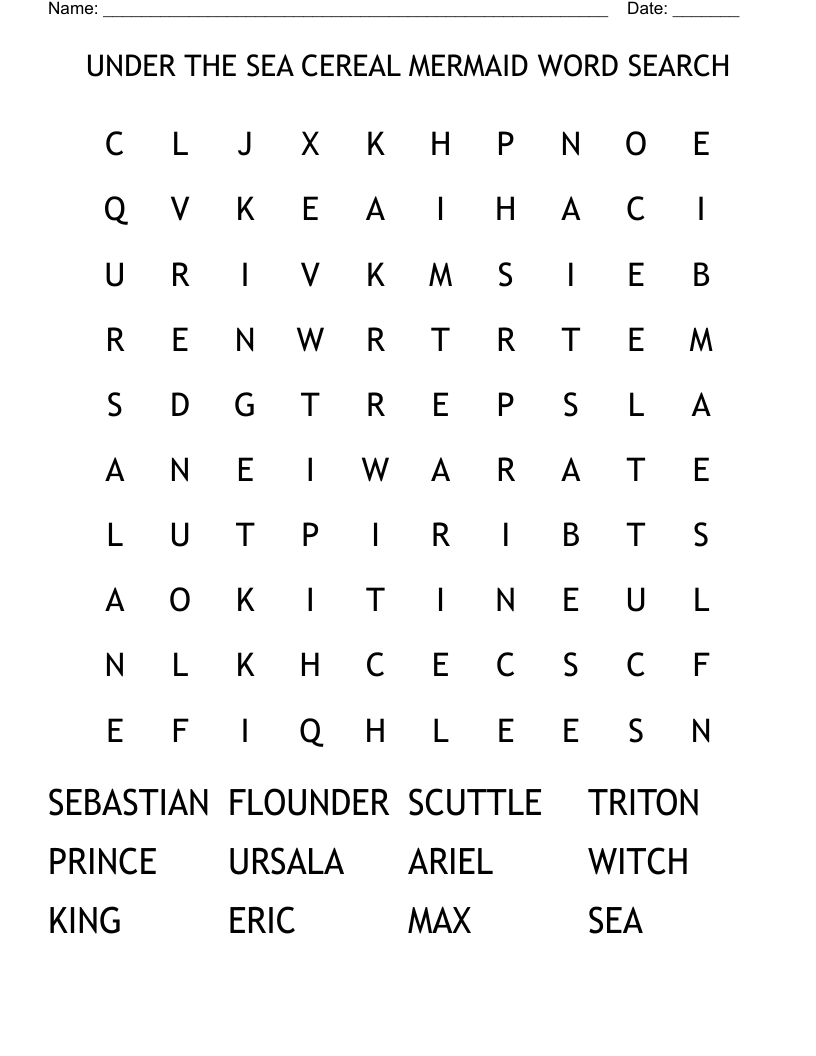 UNDER THE SEA CEREAL MERMAID WORD SEARCH