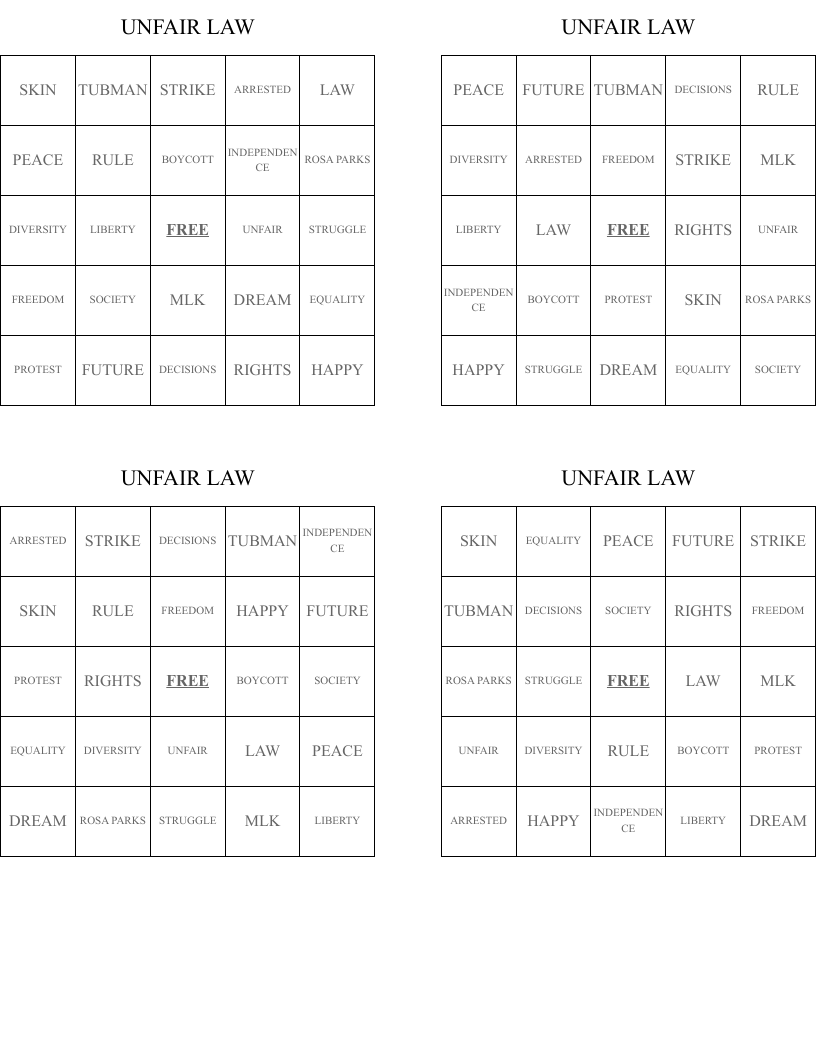 UNFAIR LAW Bingo Cards