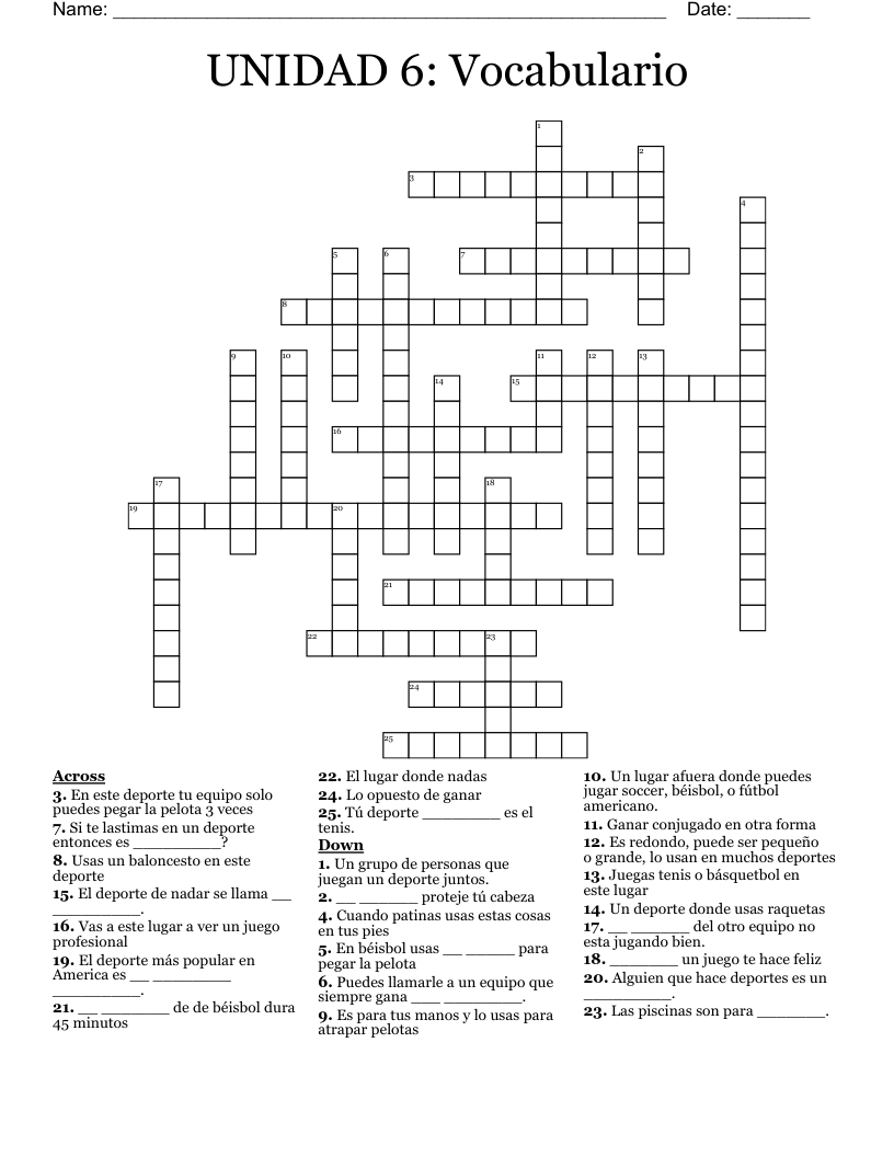 UNIDAD 6: Vocabulario                      Crossword