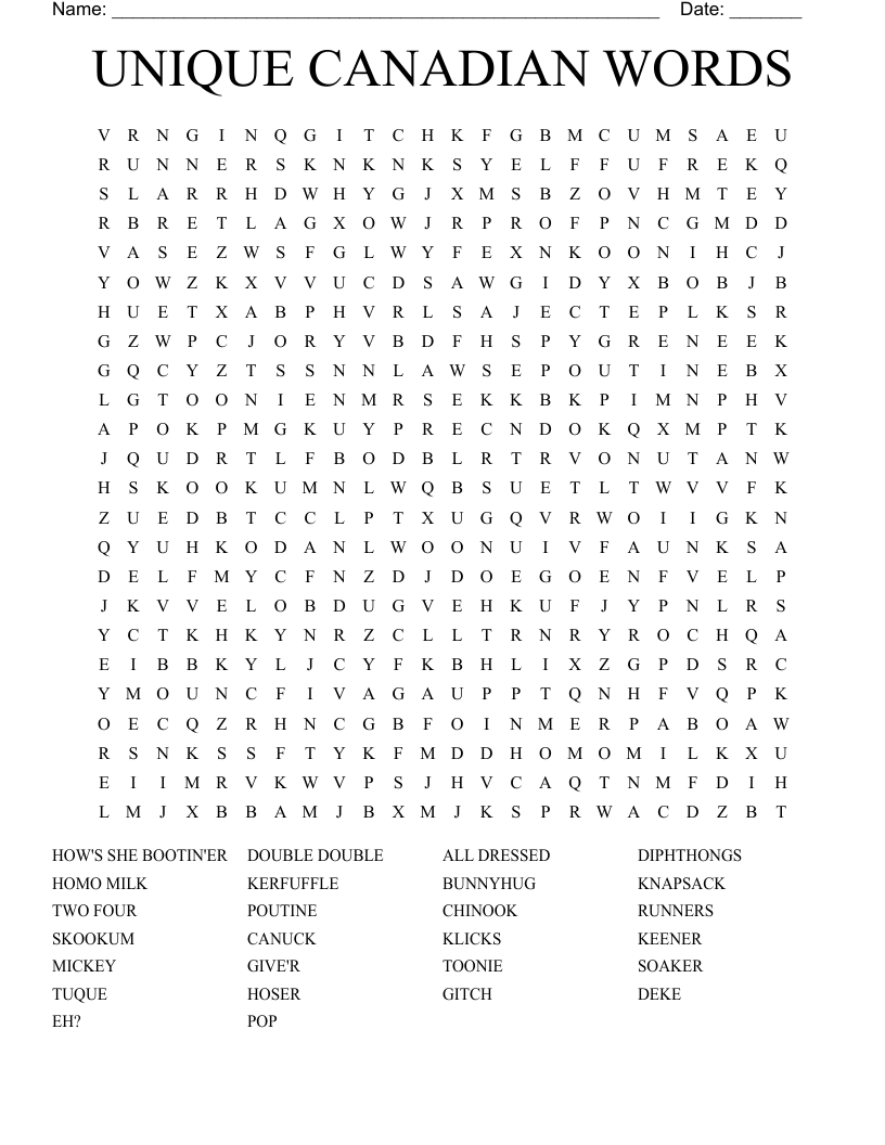 UNIQUE CANADIAN WORDS Word Search
